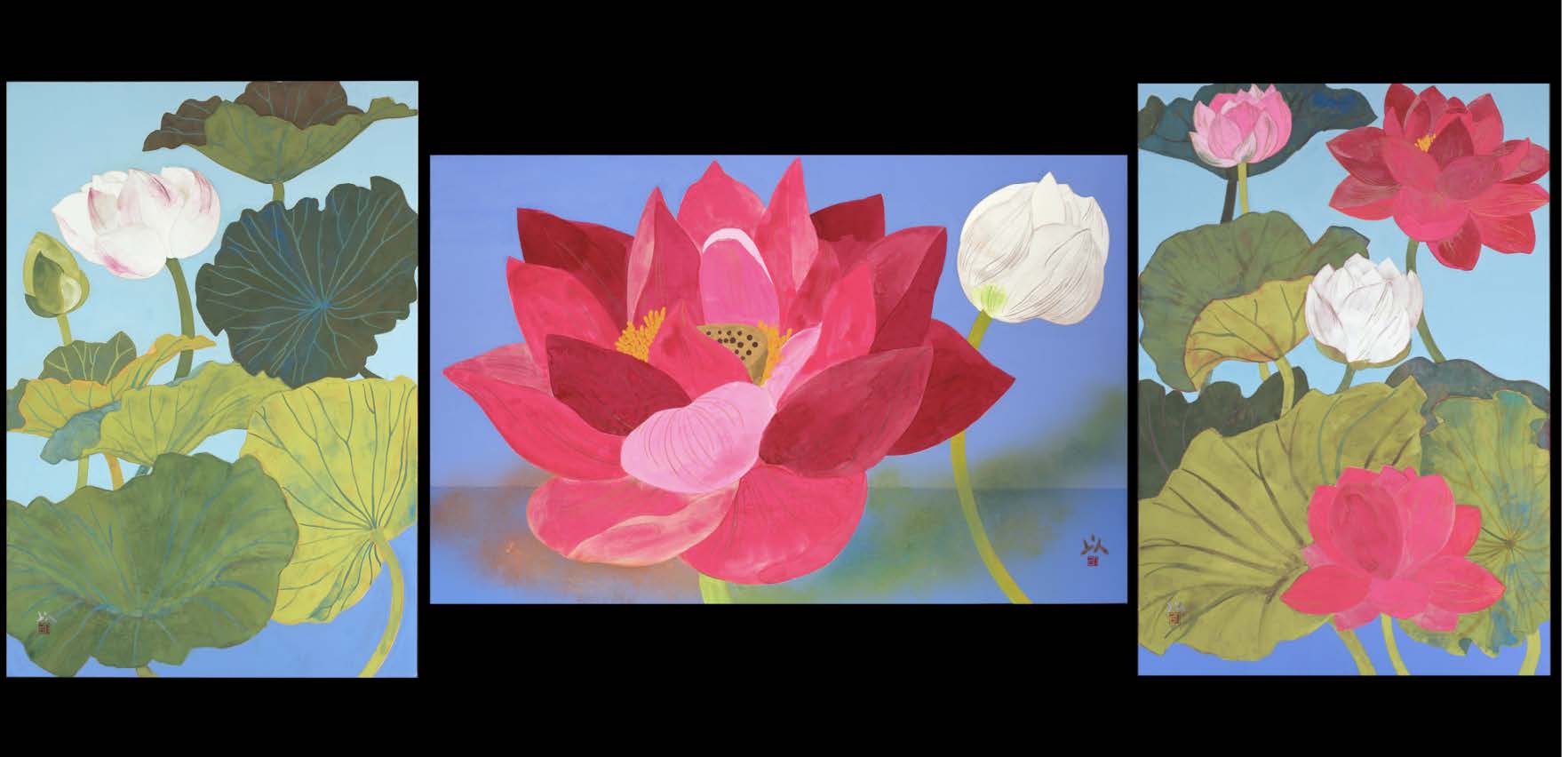 『蓮花１』紙本彩⾊80.3cm×116.7cm 中央『蓮花２』紙本彩⾊97.0cm×145.5cm 右『蓮花３』紙本彩⾊80.3cm×116.7cm